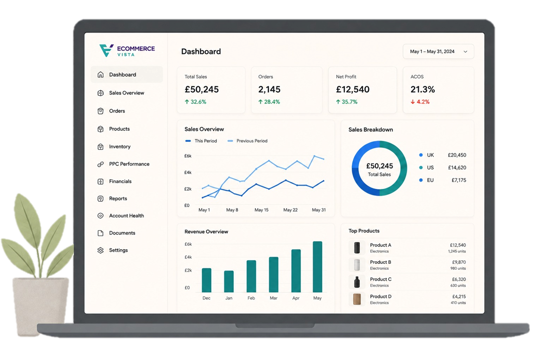 A laptop showing the Ecommerce Vista client portal dashboard on a desk beside a potted plant